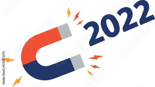 Magnet attracting the year 2022 representing new year goals and achievements.