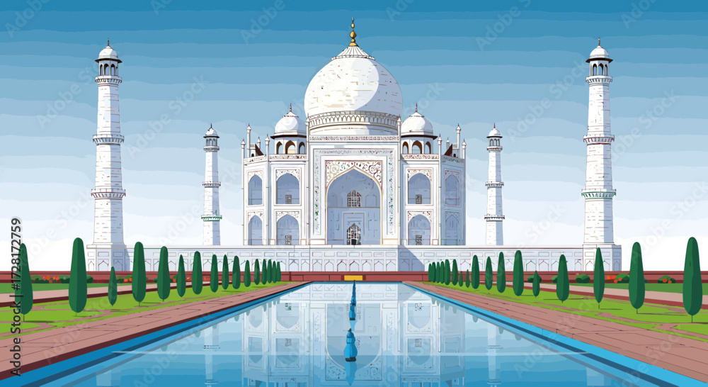Fototapeta premium Elegant vector illustration of the iconic Taj Mahal, showcasing its pristine white marble architecture and symmetrical reflecting pool, a masterpiece of Indian heritage