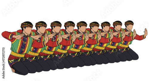 Vector illustration of synchronized male performers in vibrant traditional ethnic costumes, showcasing a cultural folk dance with dynamic poses against a clean white background