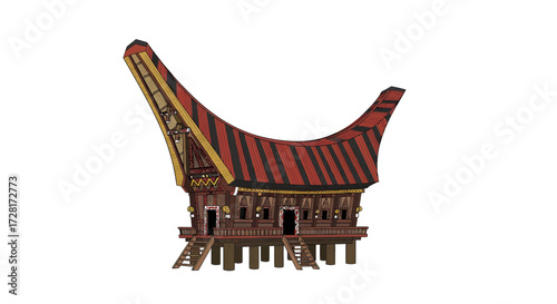 Detailed vector illustration of a traditional Indonesian Tongkonan house, showcasing its iconic unique saddle-shaped roof architecture, isolated on a clean white background