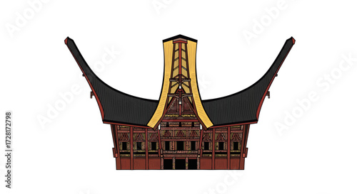Vibrant vector illustration of a traditional Indonesian cultural house, featuring intricate patterns and a distinctive boat-shaped roof, isolated on a clean white background