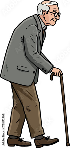 Elderly gentleman walking with cane wearing glasses and suit.