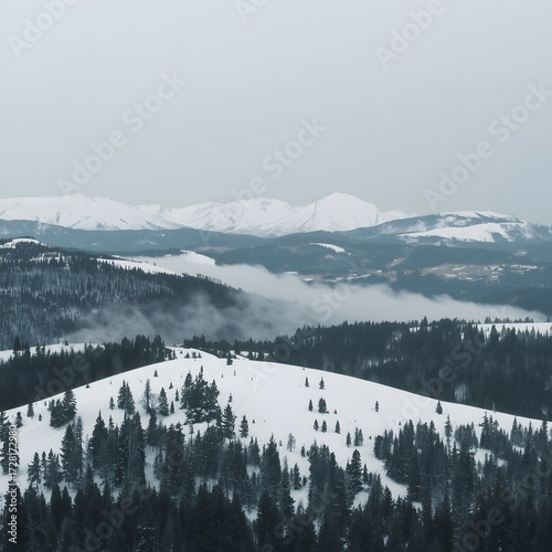 Breathtaking panoramic view of snowy mountain range with mist and evergreen forest, creating a serene winter landscape scene perfect for backdrop, background and wallpaper