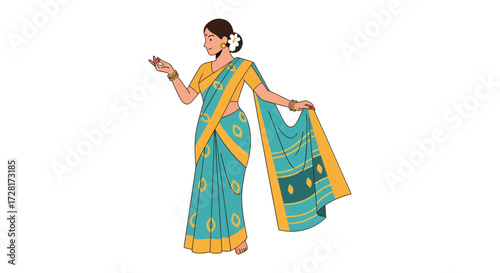 Stylized Vector Illustration of an Elegant Indian Woman Dressed in Traditional Saree Garment, Representing Cultural Fashion and Grace