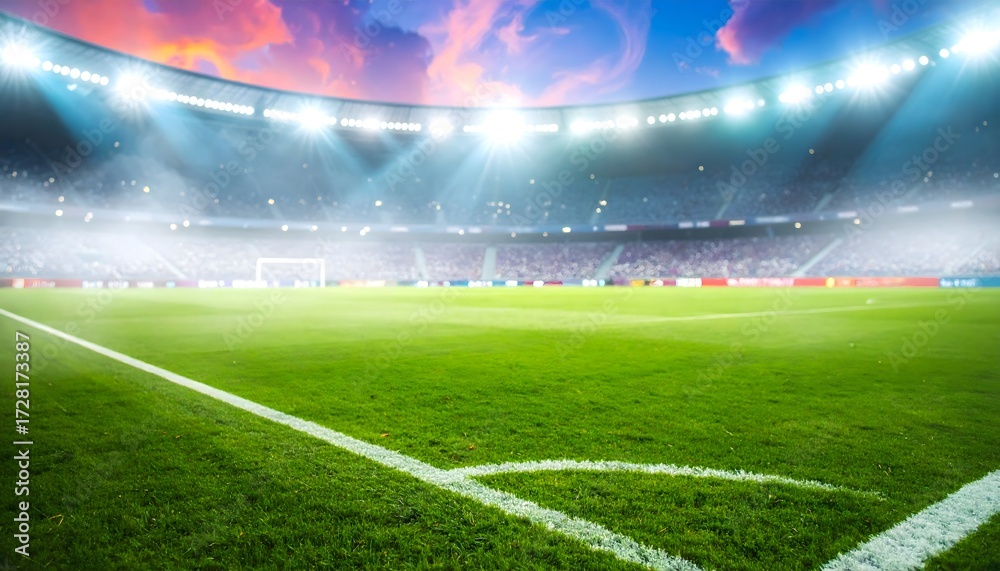 Obraz premium Experience the vibrant energy of a packed soccer stadium under a dramatic sunset sky, perfect for sports marketing or team spirit visuals
