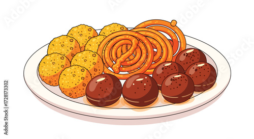 Delicious Traditional Indian Sweets Platter Vector Illustration Featuring Jalebi Gulab Jamun and Boondi Laddoo on a Clean White Background for Festive Celebrations