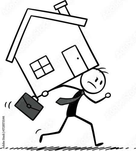 Man burdened by house and briefcase struggles forward representing financial stress.