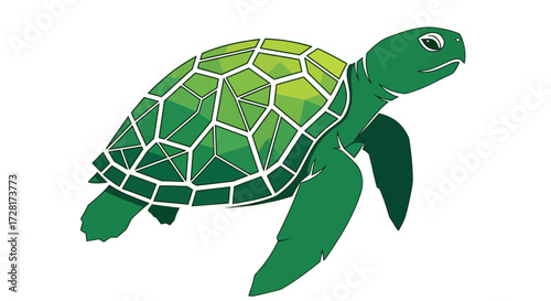 Stylized vector illustration of a sea turtle, featuring a modern geometric shell design in varying shades of green, ideal for ecological themes and wildlife conservation