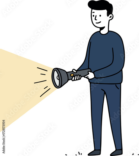 Man holding flashlight illuminating the darkness with focused beam of light.