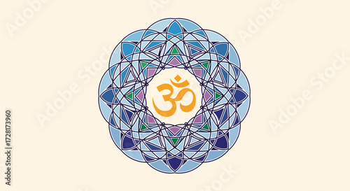 Vibrant spiritual Om symbol gracefully centered within a intricate blue geometric mandala illustration, embodying tranquility, meditation, and holistic well-being