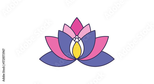 Elegant and simplified vector lotus flower icon in vibrant colors, representing peace, purity, and spiritual awakening in a modern flat graphic design style
