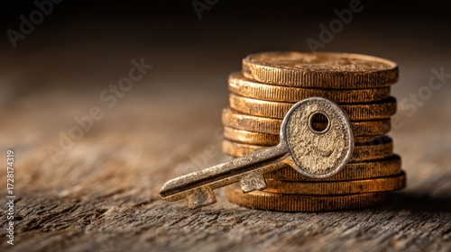 Key and stack of coins