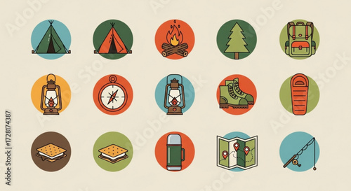 Collection of vintage camping icons includes tent, campfire, tree, backpack, lantern, compass, boot, sleeping bag, and fishing rod