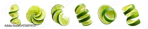 Collection of six fresh green lime peel twists isolated on white.