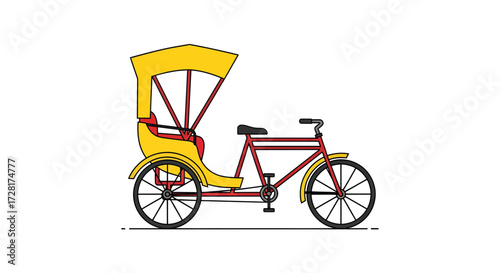 A Vector Illustration of a Yellow and Red Rickshaw with a Canopy on White