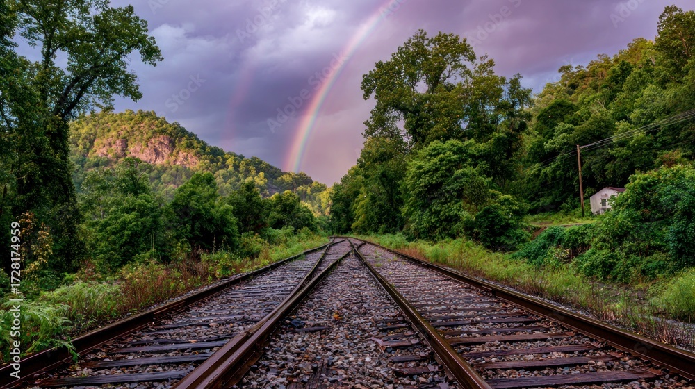 Fototapeta premium Rainbow over railroad tracks