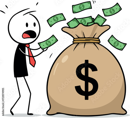 Man with money bag and dollar signs representing wealth and finance.