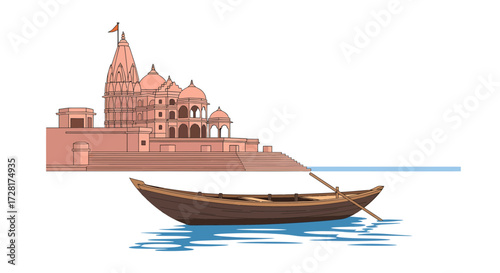 Varanasi's Tranquility A Vector Illustration of a Boat on the Ganges River with Temple in Background