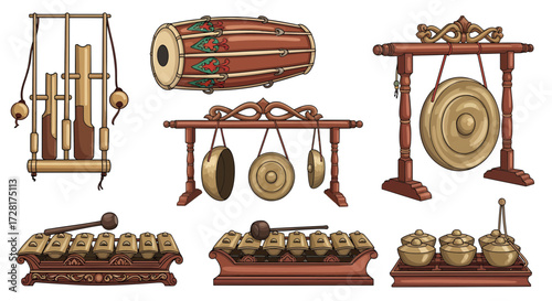 Detailed vector set featuring classic Gamelan musical instruments, perfect for representing Southeast Asian cultural traditions and the rich heritage of folk music