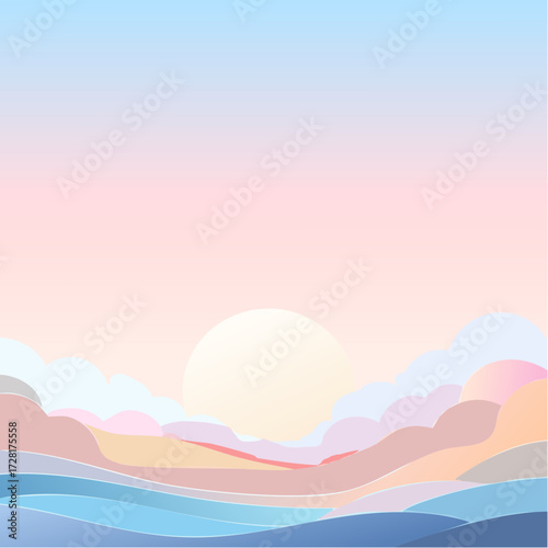 日の出、日の入と雲海、海の波の風景 ベクターイラスト