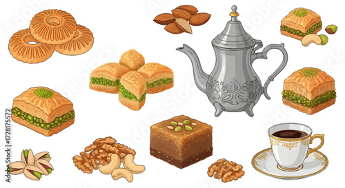A vibrant vector collection of authentic Middle Eastern sweets, nuts, a decorative teapot, and a warm coffee cup, perfect for cultural and culinary themes