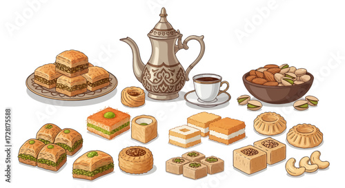 Collection of delicious Middle Eastern sweets including baklava, nuts, and coffee, perfect for culinary themes