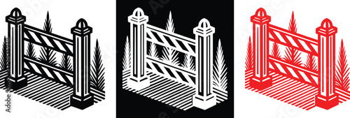 Striking garden fence graphics in black white and red offer bold design elements for creative projects needing a modern and geometric aesthetic