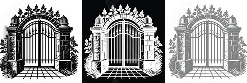 Unlock your creative projects with this striking wrought iron gate illustration, perfect for adding a touch of timeless elegance and mysterious charm to any design