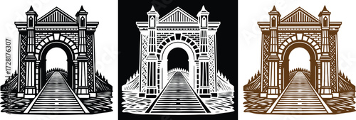 Dramatic architectural archway creates stunning visual interest and depth with a pathway, showcasing graphic design potential for multiple applications