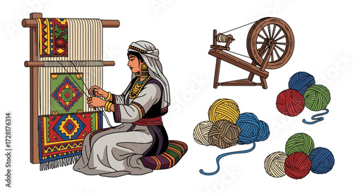 Bedouin Woman Weaving Carpet with Traditional Tools, Yarn, and White Background Illustration