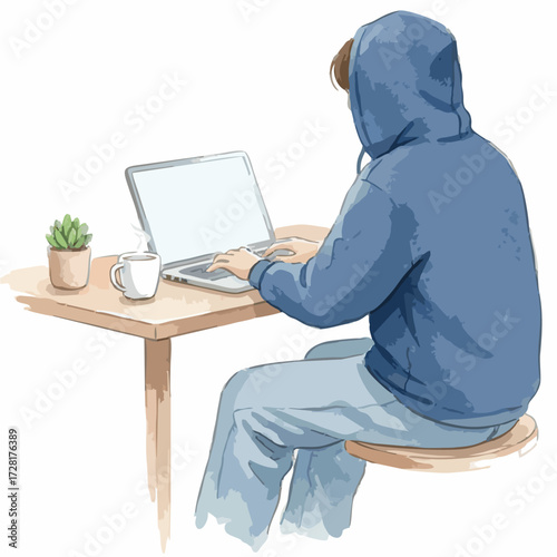 Watercolor Office and Work from Home Scenes – People Working at Desks, Minimalist White Background
