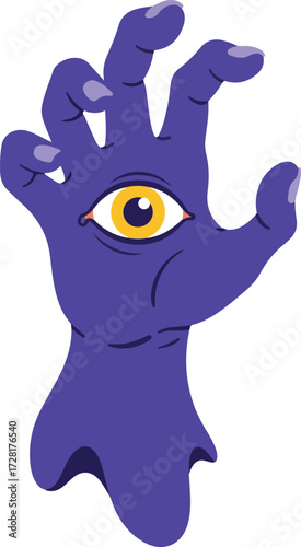 Mysterious purple hand with an eye in the palm staring directly at you.