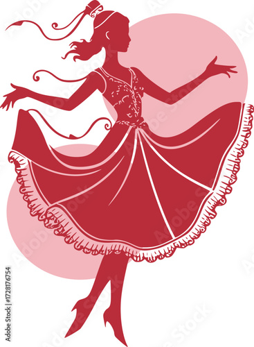Elegant monochrome black and white line art illustration of a graceful traditional Polish mazurka dancer in a flowing dress performing a ballet-inspired dance with intricate details and vintage style