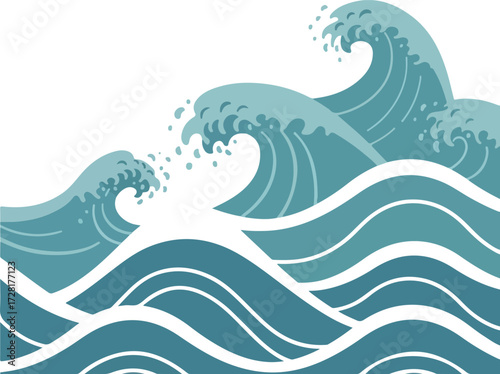 Ocean waves illustration with white foam and blue water in the sea.