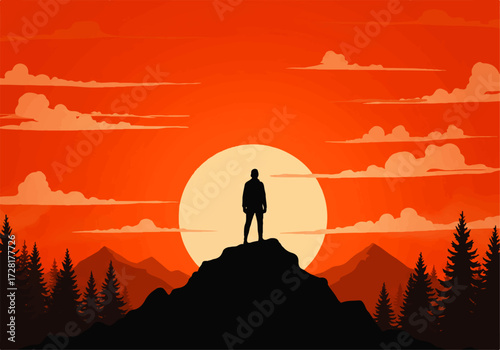 Silhouette of a person standing atop a mountain peak against a backdrop of a vibrant orange sunset and scattered clouds.