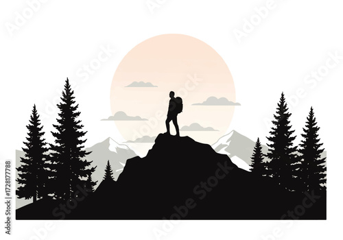 Silhouette of a hiker with a backpack standing on a mountain peak, with pine trees and a sun or moon in the background.