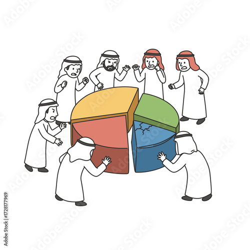 Cartoon depicting a group of Arab men arguing over a broken pie chart.