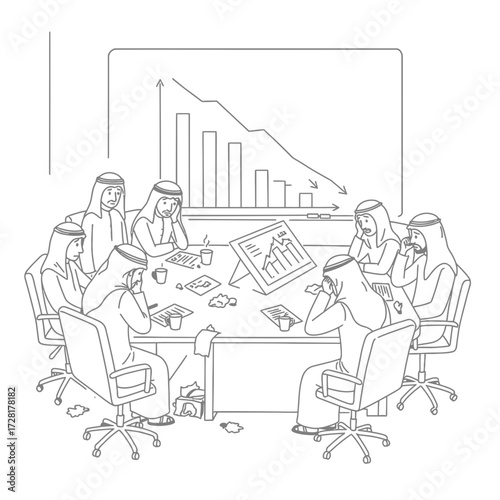 A group of Arab businessmen in a meeting, looking stressed as they observe a declining graph displayed on a screen.