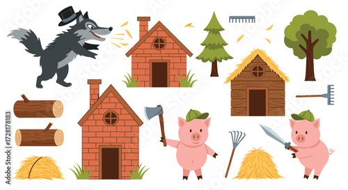 The big bad wolf tries to blow down houses built by three little pigs.