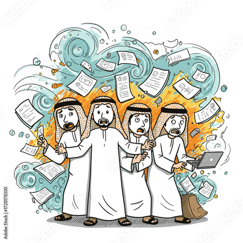 Cartoon illustration of four Arab men in traditional dress overwhelmed by flying papers and a laptop.