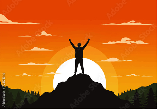 Silhouette of a person standing on a mountain peak with arms raised against a vibrant orange sunset and scattered clouds.