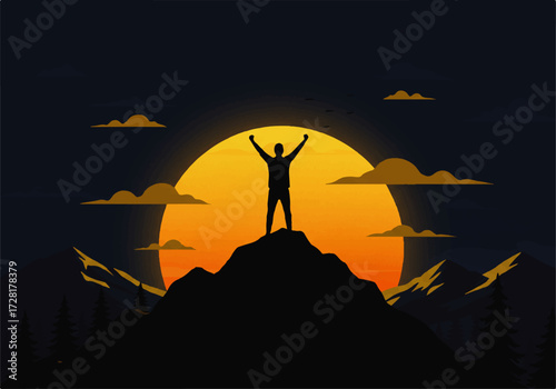 Silhouette of a person standing atop a mountain with arms raised, set against a vibrant orange sunset and scattered clouds.