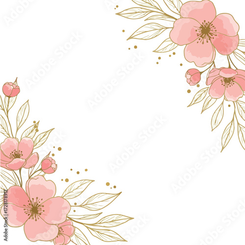 Elegant pink floral arrangement with golden leaves and buds on white background.