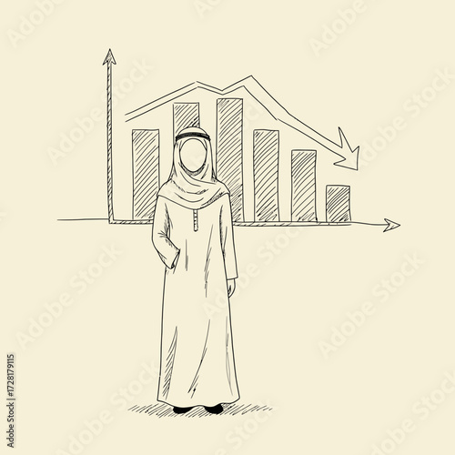 Sketch of an Arab man in traditional clothing standing in front of a graph showing rising and falling trends.