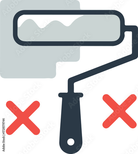 Painting roller applying paint on a wall with red cross marks.