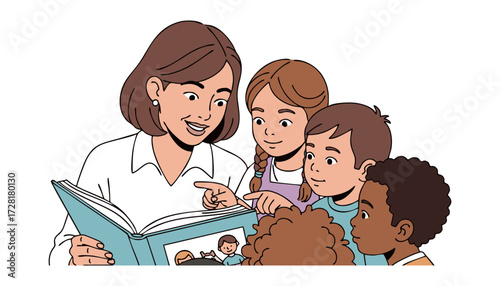 Illustration of a teacher reading a story to her students. Plain white background.