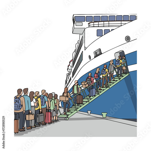 Illustration of travelers queuing to climb the ship's ladder. Isolated on a white background.