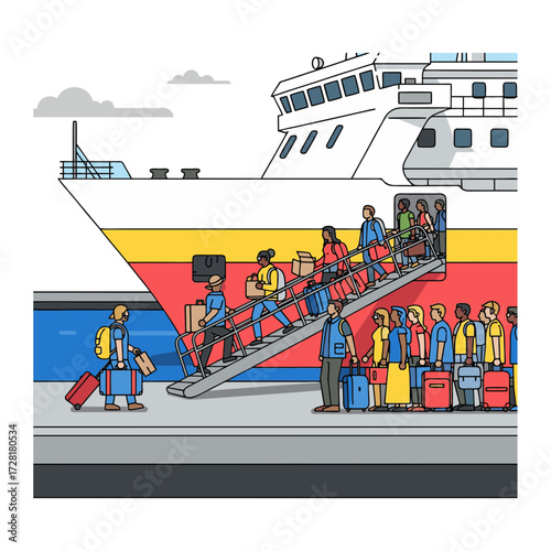 Illustration of travelers queuing to climb the ship's ladder. Isolated on a white background.