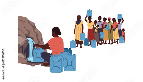 Illustration of women carrying jerry cans queuing to get water at a water source. Isolated on a white background.