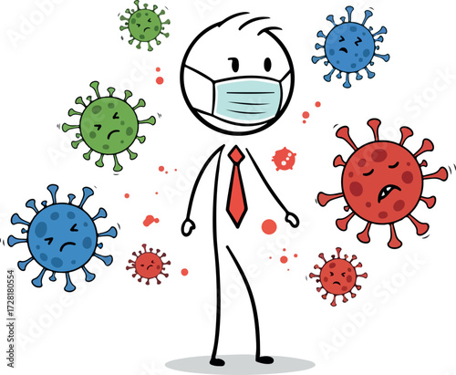 Person wearing mask surrounded by viruses protection concept.
